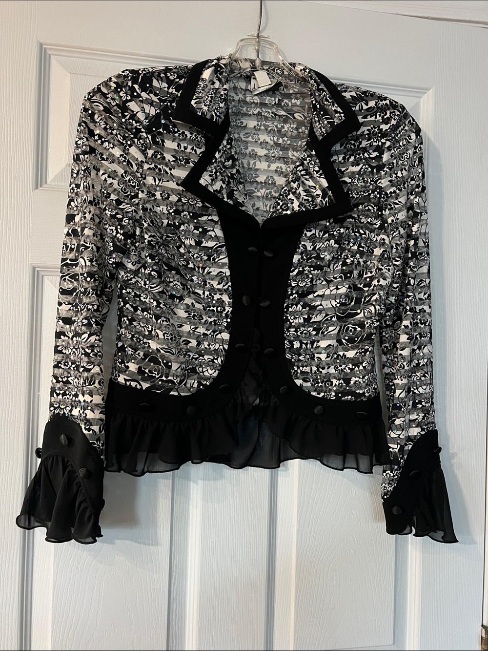 Joseph Ribkoff Black and White Floral Ruffle-Trim Jacket